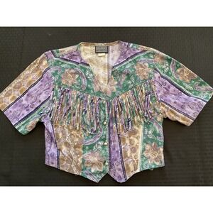 Vintage Roughrider Shirt Womens Medium Western Fringe Floral Made USA 90s